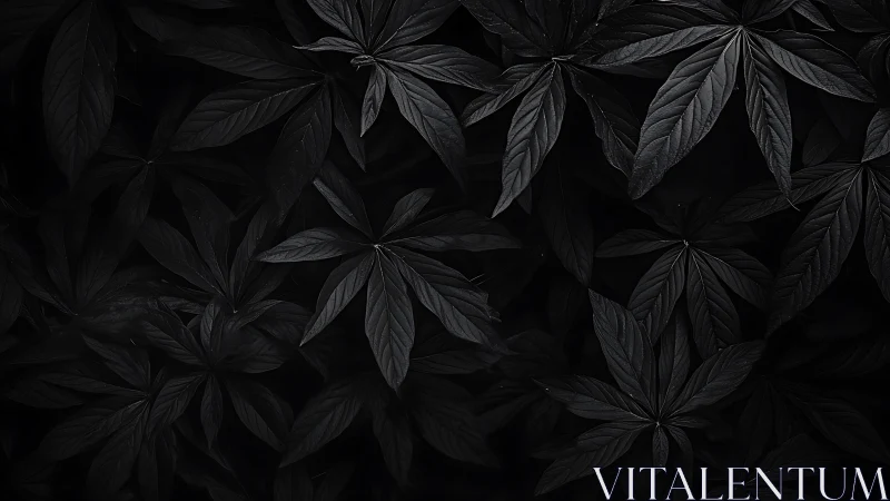 Dark botanical foliage forms moody monochrome pattern.