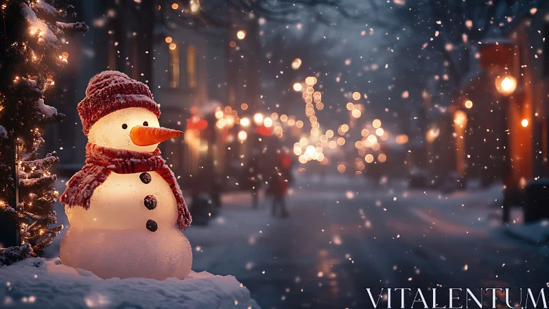 Snowman in red knitwear on softly lit winter street.