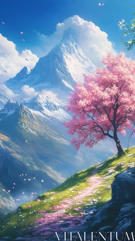 Snowy mountain and pink blossom tree above valley path.