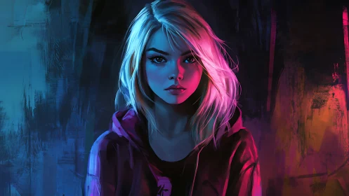 Neon lit portrait of blonde woman in dark abstract space.