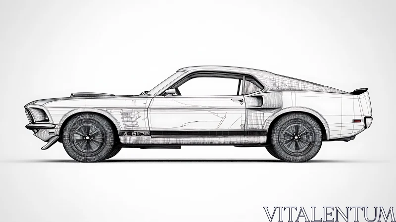 Side profile line drawing of classic fastback muscle car.