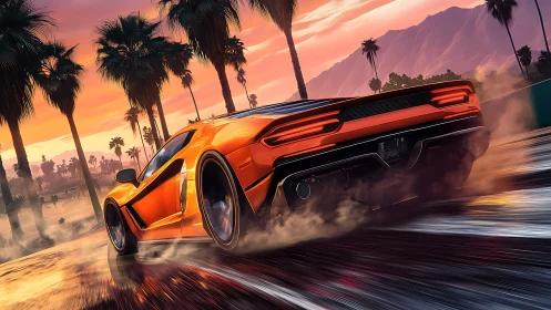 Sunset street racer gliding through glowing palm-lined road.