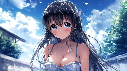 Anime poolside portrait with luminous summer backlighting.