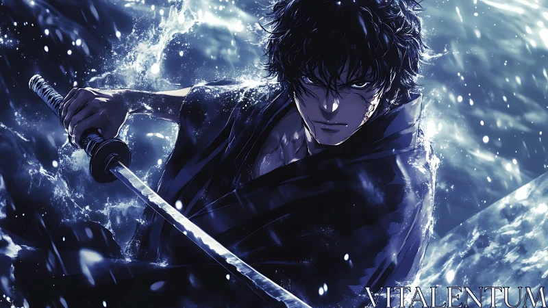 Intense anime swordsman holding katana in crashing water