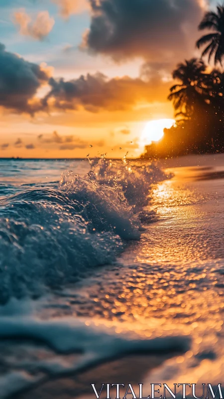 Sunlit shore waves shimmer beneath a blazing tropical sky.