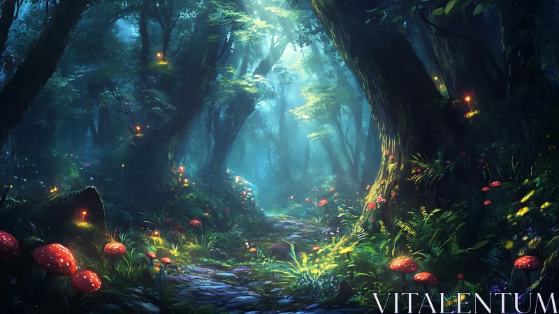 Enchanted Forest Path with Glowing Mushrooms.
