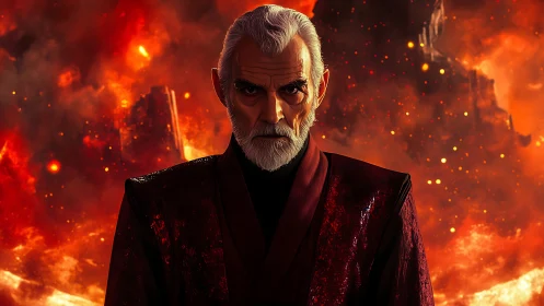 Elderly male figure stands before dense fiery backdrop