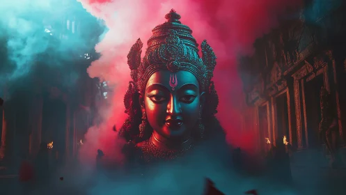 Serene goddess face glowing in mystical temple colors.