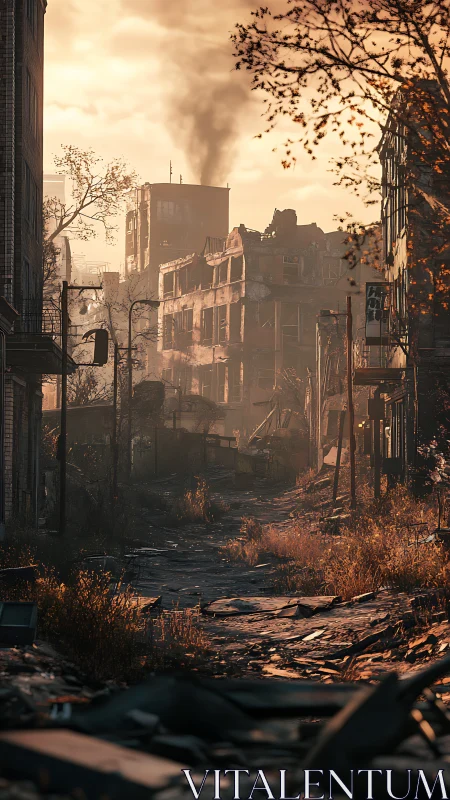 Post-collapse urban corridor under particulate orange dusk.