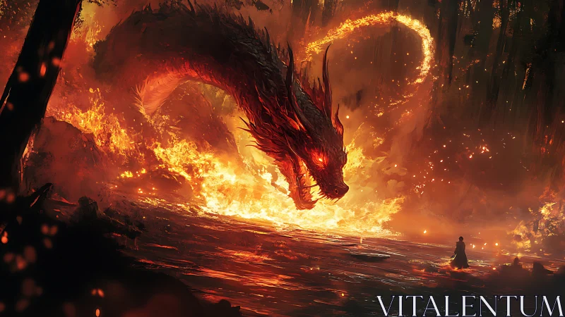 Blazing fire dragon coils above a lone hero in molten light