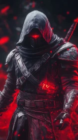 Hooded dark warrior ignites with crimson arcane power.