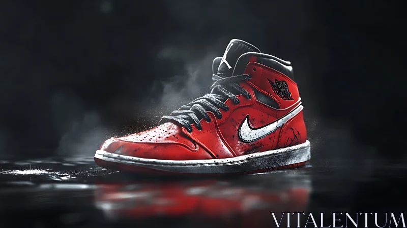 Hyperreal red sneaker render with cinematic particulate atmosphere.