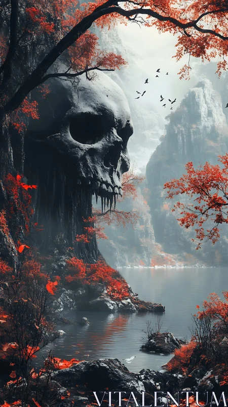 Colossal cliffside skull cavern above misted lake in crimson gorge