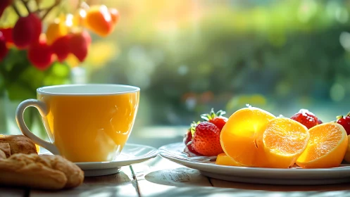 Yellow cup and sliced citrus on table in strong sunlight