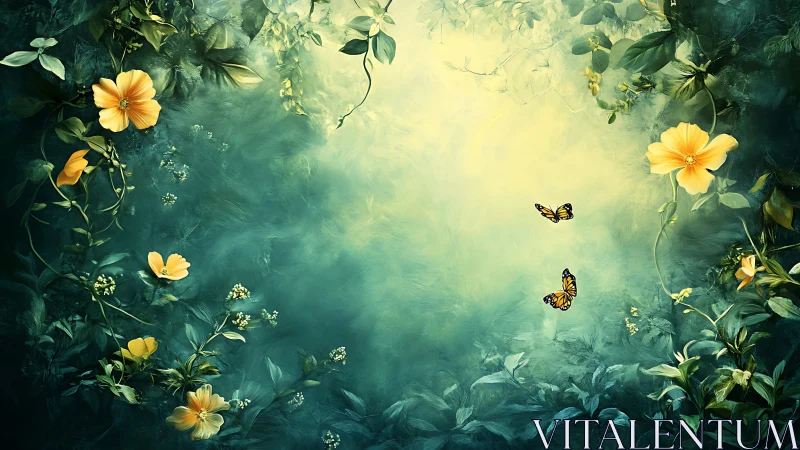 Enchanted yellow blooms frame butterflies in glowing mist.