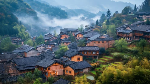 Morning mist drifts softly around a tranquil hillside village