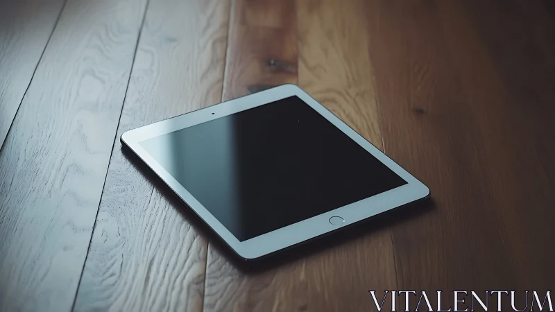 White tablet rests on weathered wooden planks in ambient light.