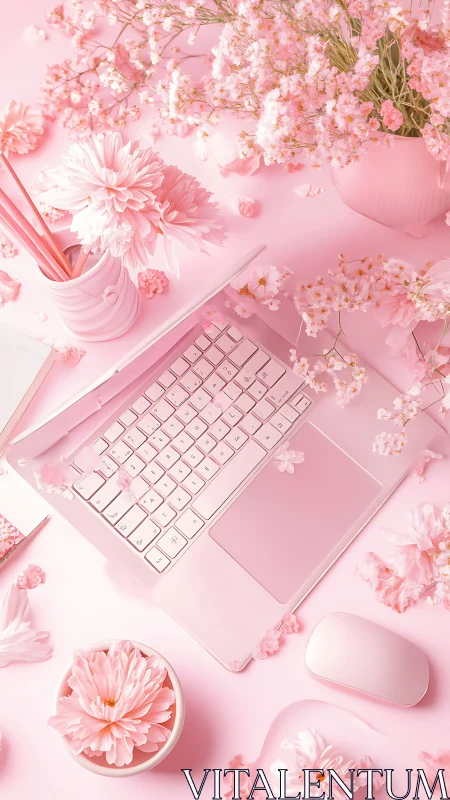 Petal-soft laptop daydreams type gently through pink blooms
