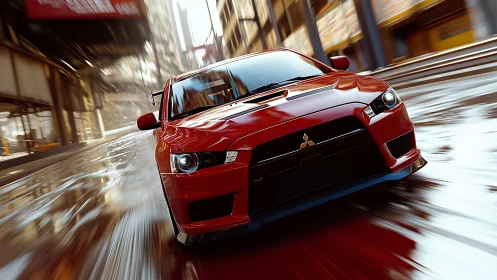 Red sports car cuts through slick city streets with bold energy