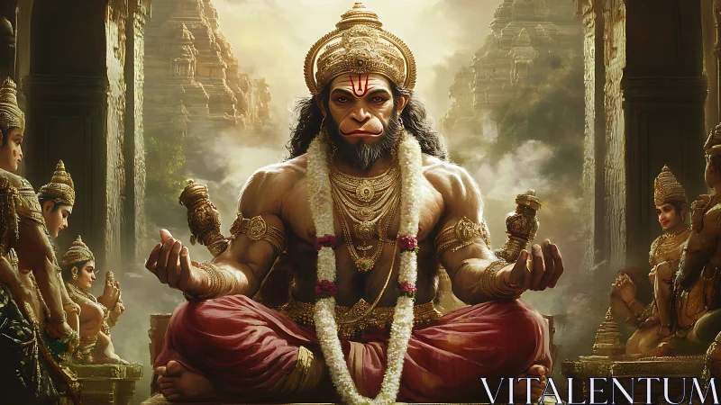 Regal monkey deity meditates in ornate golden temple hall.