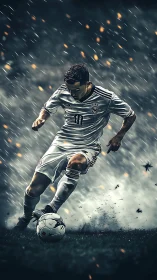 Focused soccer player cutting through stormy match drama.