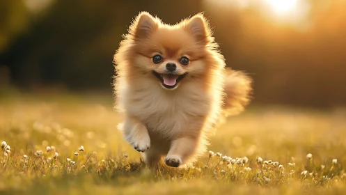 Fluffy Pomeranian runs through sunlit meadow at sunset