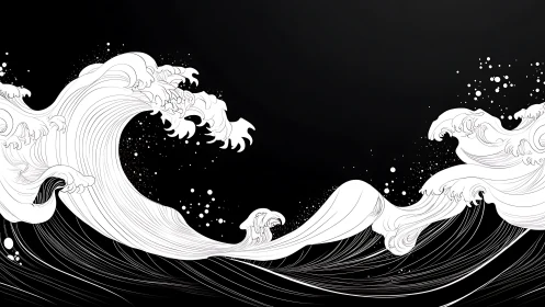 Vectorial monochrome wave dynamics with stylized crest topology.