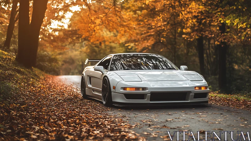 White sports car on quiet forest road in autumn light.