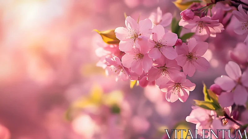 Cherry blossoms drift through golden hour's rosy embrace.