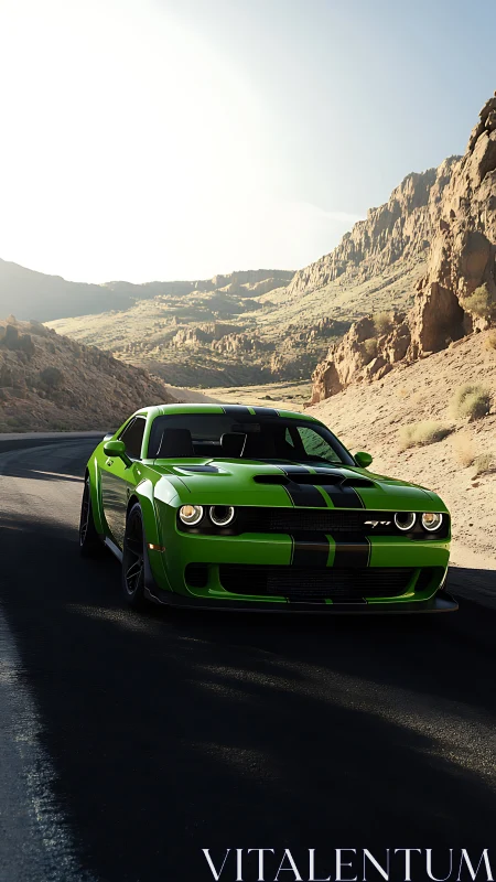 Green muscle car on desert highway under harsh light.