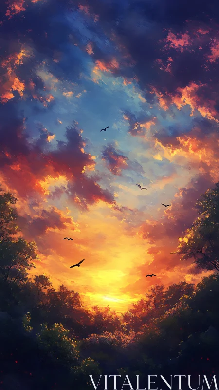 High saturation forest sunset sky with silhouetted soaring birds
