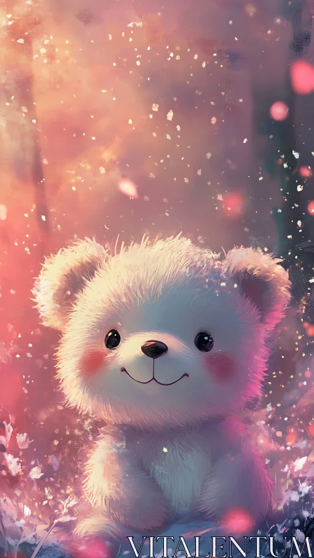 Fluffy pastel teddy bear in glowing bokeh meadow at dusk