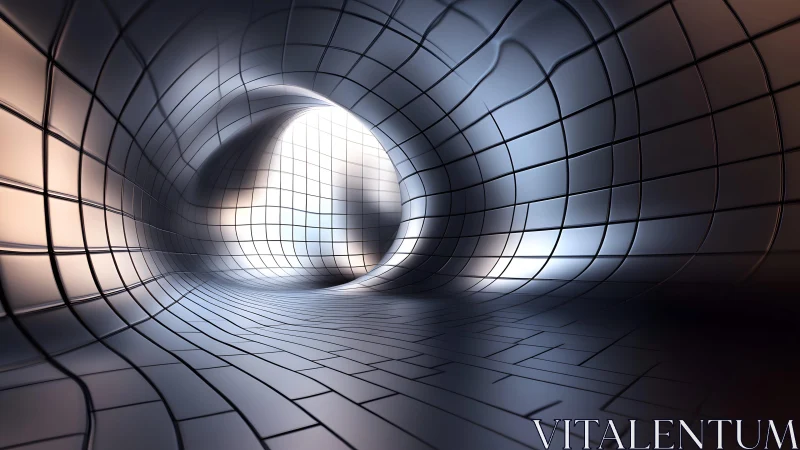 Futuristic Curved Tunnel with Gridded Metallic Surfaces, Digital Art. Futuristic Curved Tunnel with Gridded Metallic Surfaces, Digital Art.