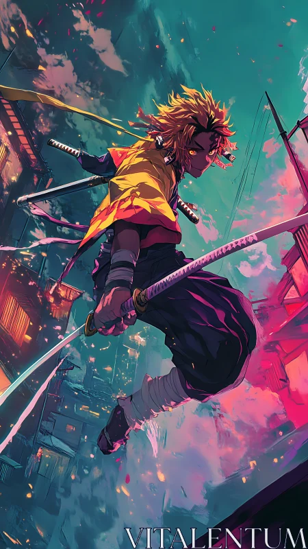 Anime swordsman leaps through neon dusk city skyline.