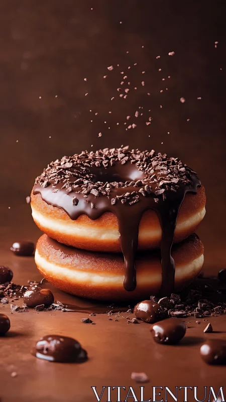 Stacked donuts drip in rich chocolate with falling crumbs.