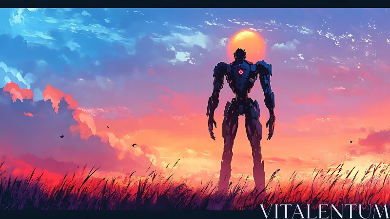 Solitary mech scans neon sunset horizon in glowing field.