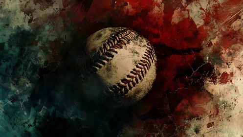 Weathered baseball floats amid turbulent abstract colors