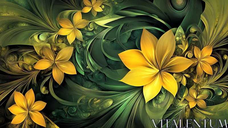 Golden blossoms swirling through emerald dreamlike leaves.