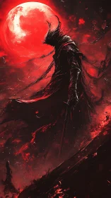 Cloaked figure with sword under large red moon in void.