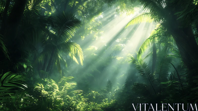 Tropical Canopy Light Diffusion: Crepuscular Rays Through Palm Vegetation.