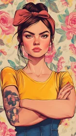 Defiant tattooed woman stands strong before bold floral wall