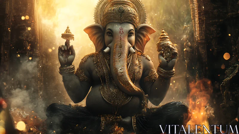 Golden Ganesha idol in ornate temple glow at dusk.