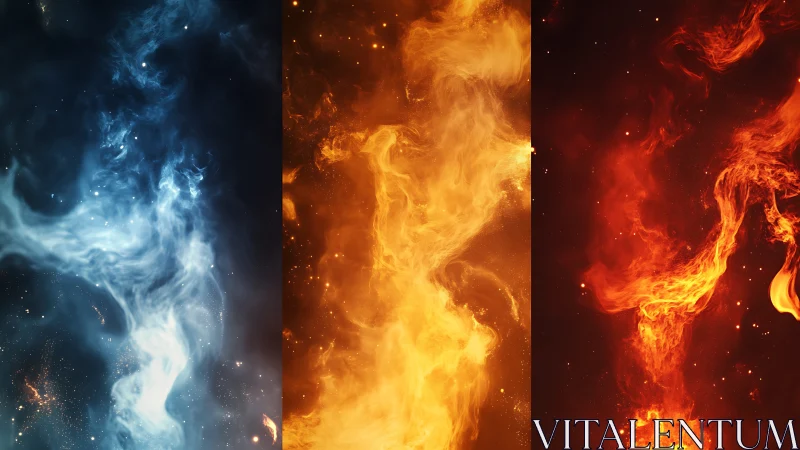 Cosmic Triptych: Ice, Ember, Inferno Dance.