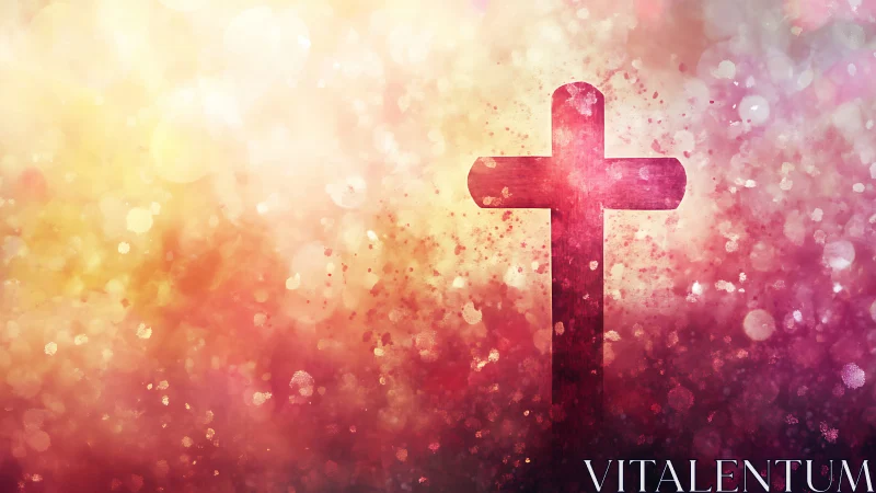 Silhouette cross on abstract bokeh background field.