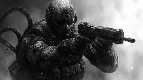 Shadow-clad tactical sentinel aiming through ghosted smoke.