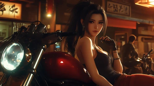 Nocturnal biker portrait with red cafe racer in neon street