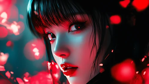 Digital portrait of woman in red and teal lighting close-up.