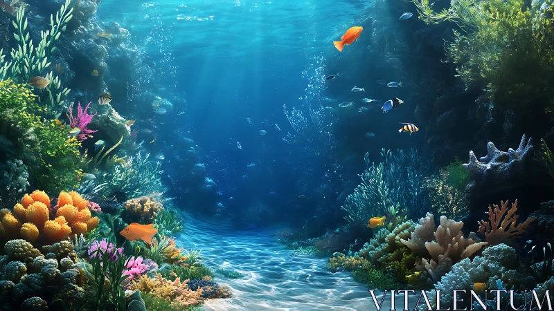 Coral reef seascape with diverse tropical fish and plants.