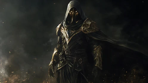 Hooded dark knight in ornate golden armor amid smoke.
