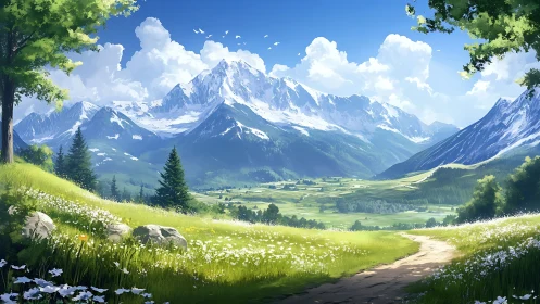 Sunlit alpine valley path framed by snow-capped mountain range